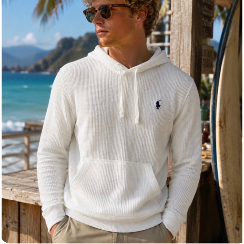 Polo Ralph Lauren Mens White Waffle Knit Thermal Hoodie Sweatshirt XL Preppy